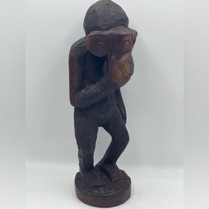 African Art: Vintage Hand Carved Solid Wood Male Monkey / Chimpanzee Sculpture